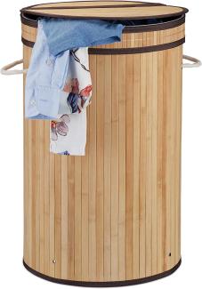Relaxdays Wäschekorb Bambus, runder Wäschesammler mit Klappdeckel, 65 l, faltbare Wäschetonne, rund Ø 40 cm, natur