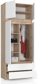 BDW Kleiderschrank 4 Türen, 4 Einlegeböden, Kleiderbügel, 2 Schubladen Kleiderschrank für das Schlafzimmer Wohnzimmer Diele 234x90x51cm (Eiche Sonoma/Weiß)