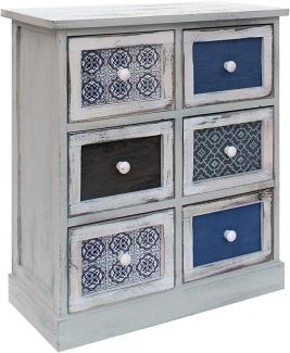 Rebecca Mobili Kommode Schuladenschrank Weiß Grau Hellblau Holz 6 Schubladen Shabby Küche - 59,5 x 55,5 x 25 cm (H x B x T) - Art. RE6083