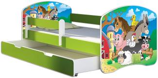 ACMA Kinderbett Jugendbett mit Einer Schublade und Matratze Grün mit Rausfallschutz Lattenrost II 140x70 160x80 180x80 (34 Farm, 140x70 + Bettkasten)