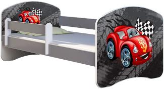 ACMA Kinderbett Jugendbett mit Einer Schublade und Matratze Grau mit Rausfallschutz Lattenrost II (05 Rote Auto, 160x80)