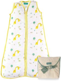 molis&co. Baby-schlafsack. 0. 5 TOG. Größe 70 cm (0-6 Monate). Ideal für den Sommer. Superweich und leicht. Unisex-safari-giraffendruck in gelb- und grüntönen. Premium-Musselin.