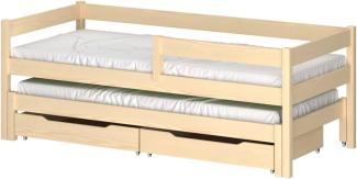 WNM Group Kinderbett Ausziehbar JULA mit Rausfallschutz und Lattenrost - Bett mit Schubladen - Ausziehbett für Jugendliche - Jugendbett - Funktionsbett - Gebleichte Eiche - 80x180 80x170