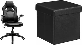 SONGMICS Racing Stuhl Bürostuhl Gaming Stuhl Chefsessel Drehstuhl PU, schwarz, OBG62B & Faltbarer Sitzhocker Aufbewahrungsbox belastbar bis 300 kg, Lederimitat, schwarz, 38 x 38 x 38, LSF101