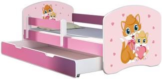 Kinderbett Jugendbett mit einer Schublade und Matratze Rausfallschutz Rosa 70 x 140 80 x 160 80 x 180 ACMA II (33 Miezekatzen, 80 x 180 cm mit Bettkasten)