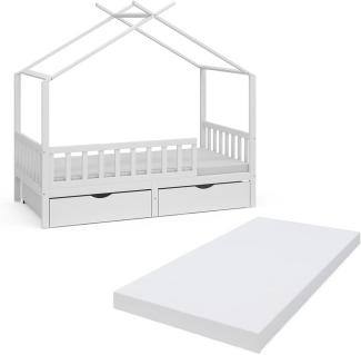 Livinity 'Franka' Hausbett, weiß, modern, Kinderzimmer, mit Bettschublade, Lattenrost, Rausfallschutz, Matratze, 80 x 160 cm