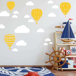 Heißluftballon & Wolken Aufkleber Wandtattoo Himmel | Wandbild 6x DIN A4 Bögen | Sticker Kinder Kinderzimmer Deko Ballons (Gelb)
