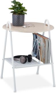 Relaxdays Beistelltisch mit Zeitungsständer, Metall, MDF, Tischplatte in Holzoptik, Beitisch HBT 55x45x45 cm, weiß/natur