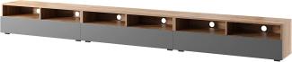 Selsey REDNAW - TV-Schrank/modernes TV-Board mit DREI Schubladen, stehend/hängend, 300 cm breit (Wotan Eiche Matt/Grau Hochglanz ohne LED)