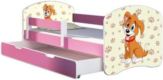 Kinderbett Jugendbett mit einer Schublade und Matratze Rausfallschutz Rosa 70 x 140 ACMA II (11 Welpe, 70 x 140 cm + Bettkasten)