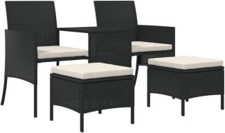 Gartensofa 2-Sitzer mit Tisch und Hockern Schwarz Poly Rattan