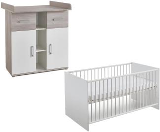Arthur Berndt 'Lotti' Babyzimmerset 2-teilig, Ulme Silber-Grau / Weiß, aus Kinderbett (70 x 140 cm) und Wickelkommode mit Wickelaufsatz