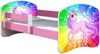 Kinderbett Jugendbett mit einer Schublade und Matratze Rausfallschutz Rosa 70 x 140 80 x 160 80 x 180 ACMA II (18 Pony Regenbogen, 80 x 180 cm)