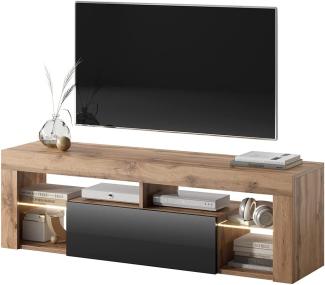 Selsey BIANKO – TV-Lowboard/TV-Schrank in Holz-Optik Nuss Caravaggio mit Klappe in Schwarz Hochglanz mit LED - 140cm