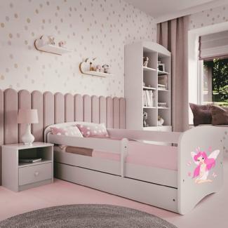 Kinderbett 160x80 mit Rausfallschutz, Lattenrost & Schublade in weiß 80 x 160 Mädchen Bett rosa Fee