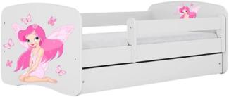 Kinderbett 160x80 mit Rausfallschutz, Lattenrost & Schublade in weiß 80 x 160 Mädchen Bett rosa Fee