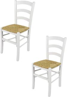 Tommychairs - 2er Set Stühle VENEZIA für Küche und Esszimmer, Robuste Struktur aus lackiertem Buchenholz im Farbton Weiss (deckend) und Sitzfläche aus Stroh