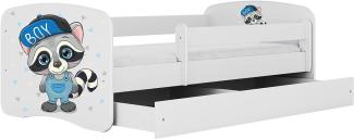 Kinderbett Jugendbett Weiß mit Rausfallschutz Schublade und Lattenrost Kinderbetten für Mädchen und Junge - Waschbär 70 x 140 cm
