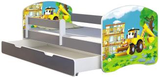 ACMA Kinderbett Jugendbett mit Einer Schublade und Matratze Grau mit Rausfallschutz Lattenrost II (20 Bagger, 180x80 + Bettkasten)