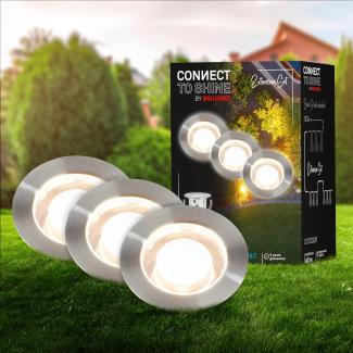 BRILONER - Connect to Shine 12V Gartensystem 3er Set LED Bodeneinbaustrahler, Erweiterungsset, IP67, warmweißes Licht, Gartenbeleuchtung, Bodeneinbauleuchten, 30x26 mm, Silberfarbig