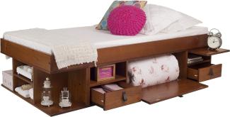 Memomad Funktionsbett Bali 90x190 Karamell - Schrankbett mit viel Stauraum u. Schubladen, optimal für kleine Schlafzimmer - Einzelbett mit Aufbewahrung aus Kiefer Massivholz – Inklusive Lattenrost…