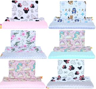 Minky Kinderwagenset -Maus Flowers Wald Einhorn - Baby Kuscheldecke Kinder Decke Kissen (Mäuschen + ROSA, 50x70/25x35 cm)