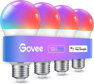 Govee Alexa Smarte Glühbirne E27, Farbwechsel mit Musiksynchronisation Lampe, 54 Szenen, 16 Millionen DIY-Farben, WiFi & Bluetooth LED Smart Bulb Funktionieren mit Google Assistant Heim-App, 4 Stück