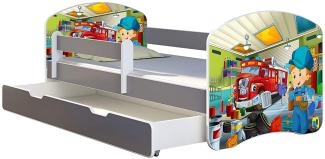 ACMA Kinderbett Jugendbett mit Einer Schublade und Matratze Grau mit Rausfallschutz Lattenrost II (45 Mechaniker, 140x70 + Bettkasten)