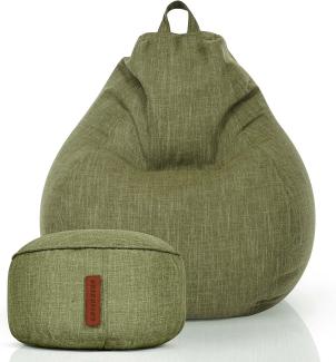 Green Bean© 2er Set Indoor Sitzsack "Home Linen" + Hocker mit EPS-Perlen Füllung - Sitz-pouf Sitzkissen Sitzhocker Bean Bag Grün