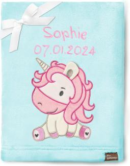 Be Mammy Personalisierte Babydecke mit 3D Applikation Warme Kuscheldecke mit Namen und Geburtsdatum; Perfektes Baby Geschenk; Blanket; Krabbeldecke BE20-280 (Puderblau - Einhorn)