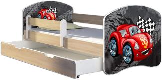 Kinderbett Jugendbett mit einer Schublade und Matratze Sonoma mit Rausfallschutz Lattenrost ACMA II 140x70 160x80 180x80 (05 Rote Auto, 160x80 + Bettkasten)