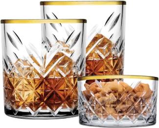 Pasabahce 96818 Timeless Golden Touch 3 teilig im Kristall-Design Retro Design - 2 Whisky Glas und 1 Kristall-Schale