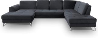 CAVADORE Wohnlandschaft Benda / Große Sofagarnitur mit XL-Longchair links & Federkern / Inkl. Sitztiefenverstellung / 332 x 87 x 226 / Samt: dunkelblau