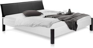 Möbel-Eins LUKY Bett Metallfuß, mit Polsterkopfteil, Material Massivholz, Fichte massiv weiss 140 x 220 cm Kunstleder Schwarz