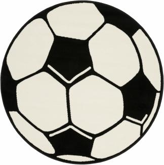 Kurzflor Kinderteppich Fußball, rund - weiß schwarz - 200x200x0,8cm