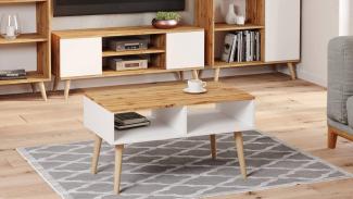 Dmora Niedriger Couchtisch für Wohnzimmer, Zeitschriftentisch mit 2 Regalen und Füßen, Scandi-Stil, 55x90h55 cm, Farbe Weiß und Ahorn