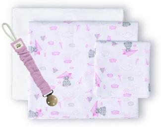 INTERBABY · Bettwäsche-Set für Kinderbett AVIÓN PAPEL in Weiß rosa & Schnullerketten mit Clip · 3-teilig Bettlaken Winter für babys