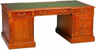 Casa Padrino Luxus Schreibtisch Hellbraun / Echtleder Grün 190 x 105 x H. 79 cm - Massivholz Antik Stil Sekretär mit 6 Schubladen