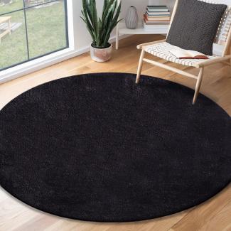 the carpet Relax Moderner Flauschiger Kurzflor Teppich, Anti-Rutsch Unterseite, Waschbar bis 30 Grad, Super Soft, Felloptik, Schwarz, 120 x 120 cm Rund