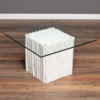 Teak Couchtisch NICO Weiß inkl. Glasplatte ca. 70x70cm Wohnzimmertisch Tisch