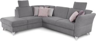 CAVADORE Schlafsofa Trend / Skandinavische Eckcouch mit Federkern, Bettfunktion, Stauraum in der Ottomane und 2 Kopfstützen / 249 x 86 x 162 / Chenille, Grau