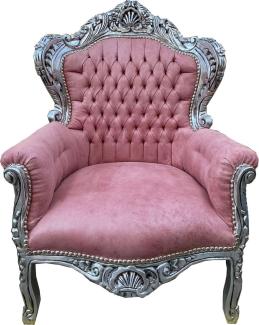 Casa Padrino Barock Sessel Rosa / Silber - Handgefertigter Massivholz Wohnzimmer Sessel mit Kunstleder - Antik Stil Wohnzimmer Sessel - Barock Wohnzimmer Möbel