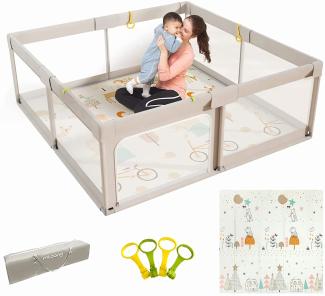 Mloong Laufstall Baby, Laufgitter Baby mit Spielmatte, 150x150x68cm Laufstall xxl, Laufgitter mit Atmungsaktivem Netz an Vier Seiten und Saugnäpfen