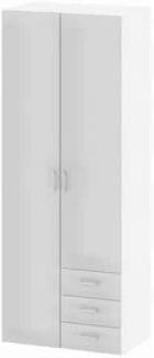 Weiß glänzender Kleiderschrank mit zwei Türen und drei Schubladen, 77,6 x 200,4 x 49,5 cm