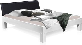 Möbel-Eins LUKY 4-Fuß-Bett mit Polster-Kopfteil, Material Massivholz, Fichte massiv weiss 140 x 220 cm Kunstleder Schwarz