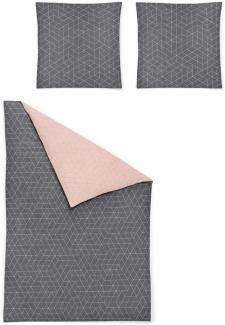 Irisette Mako Satin Bettwäsche 155x220 2tlg grau rosa | Bettwäsche-Set aus 100% Baumwolle | 2 teilige Wende-Bettwäsche 155x220 cm & Kissen 80x80 cm | Geometrisches Muster