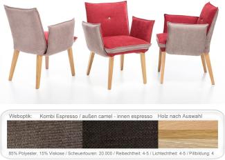 6x Sessel Gerit 1 Rücken mit Knopf Polstersessel Esszimmer Massivholz Eiche natur lackiert, Kombi Fleckless Espresso