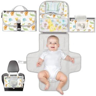 Wickelunterlage für unterwegs kompakte Wickelauflage XL - Kombinierbare abnehmbare Wickeltasche mit 6 Fächern, Tuchspender und bequemes Kissen für den Kopf Ihres Babys.