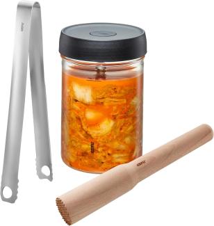 GEFU Fermentationsglas NATIVO, Borosilikatglas, Edelstahl, Holz, Kunststoff, Silikon, (Set, 5-tlg), 1L Fermentationsglas mit Deckel, Beschwerungsgewicht, Stößel und Zange