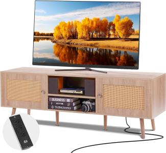 VEVOR Rattan-TV-Ständer, Retro-TV-Schrank für 165 cm Fernseher, Boho-Rattan-Fernsehschrank mit eingebauter Steckdose & USB-Anschlüssen, verstellbare Regale für Wohnzimmer, Medienraum, Eiche